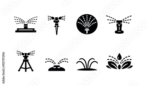 Outdoor sprinkler outline collection. Filled icon set of Outdoor sprinkler outline collection: lawn sprinkler