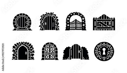 Mystical garden portal outline collection. Filled icon set of Mystical garden portal outline collection: round