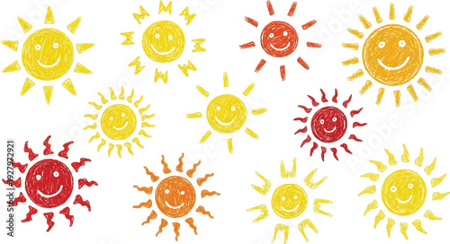 A cheerful collection of hand-drawn sun illustrations with various friendly facial expressions and decorative rays, featuring a vibrant color palette of yellow, orange, and red.