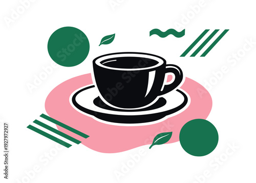 Modern poster-style graphic collage of a single oversized black and white coffee cup with saucer centered as