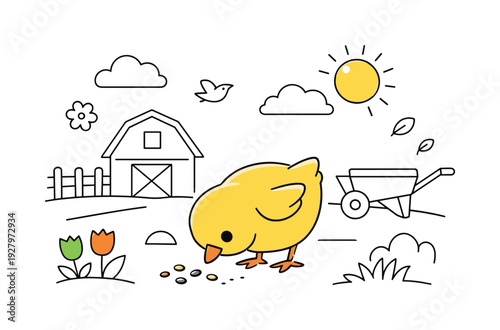 Farmyard morning scene. A curious spring chick pecking gently at the ground, tiny seeds scattered nearby.