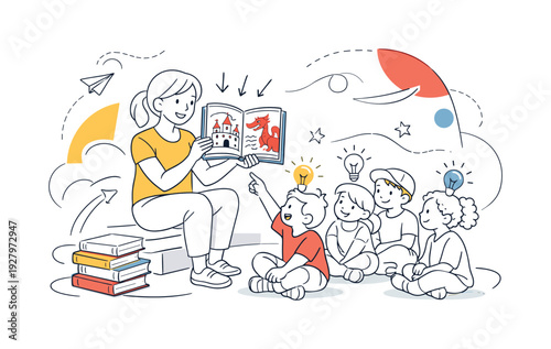 Story Time in Classroom. A teacher holds up a colorful book while kids sit cross-legged, one child pointing at