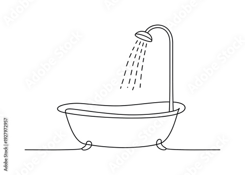 "Bathtub and Shower". Minimalistic one-line drawing simple bathtub with upright shower head and curved water