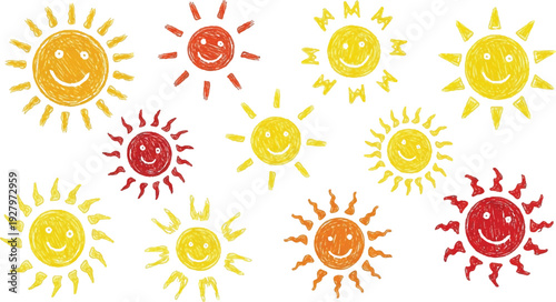 A cheerful collection of hand-drawn sun illustrations with various friendly facial expressions and decorative rays, featuring a vibrant color palette of yellow, orange, and red.