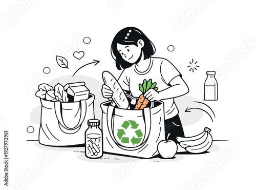 Sustainable Shopping Habit. A dynamic scene of a person placing groceries into sturdy fabric bags, a subtle