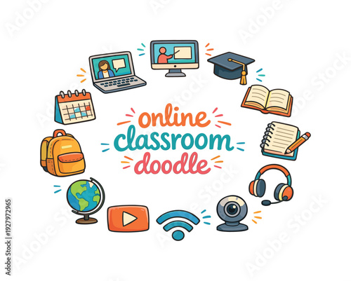 online classroom doodle. Hand drawn illustration of online classroom doodle. laptop, desktop computer,