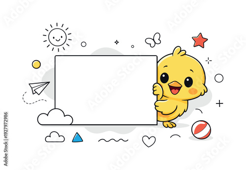 Kids educational poster. A curious baby chick peeking from behind a simple signboard with space for text,