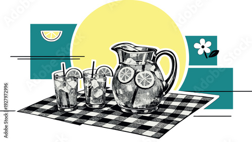 Modern graphic collage of a black and white vintage lemonade pitcher and glasses on a picnic blanket, cut-out
