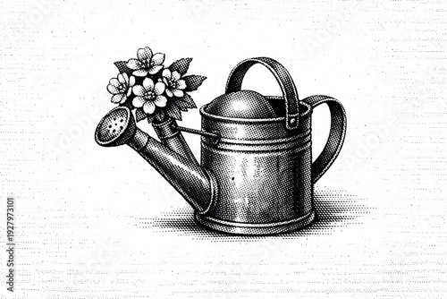 e icon set of caA single vintage watering can with a small cluster of flowers emerging from its spout, black