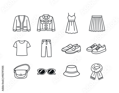 spring wardrobe essentials outline set. Line outline icon set of spring wardrobe essentials outline set: