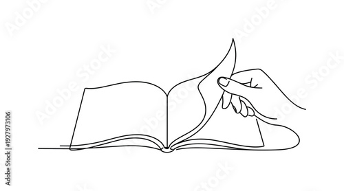 "Turning the Page". Minimalistic one-line drawing hand flipping book page in smooth flowing motion, continuous