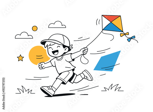 Joyful Kite Running. Kids outdoor adventure. A cheerful child running while holding a string attached to a