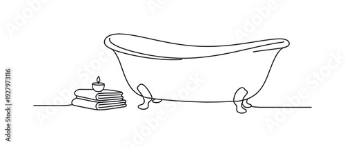 "Relaxing Bath Scene". Minimalistic one-line drawing elegant bathtub with small candle and folded towel beside