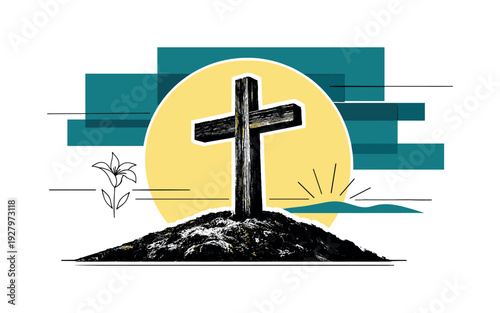 Vintage Sunrise Symbolism. coffee cup, teapotModern graphic collage of a black and white vintage wooden cross