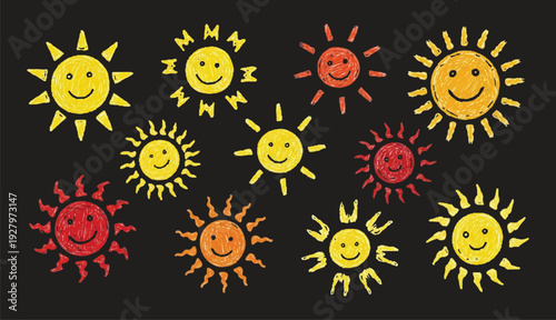 A playful variety of hand-drawn sun illustrations with charming facial expressions and decorative rays, available in solid black ink or vibrant yellow and orange colors.