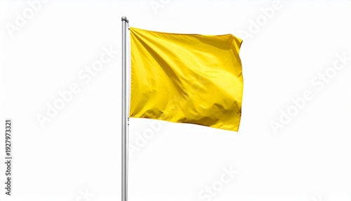 Bright yellow flag waving on silver pole against plain white background.