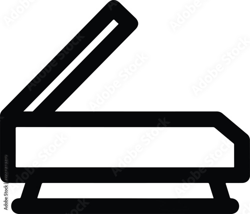 Outline icon of a scanner, a device used for digitizing documents and images, with its lid open