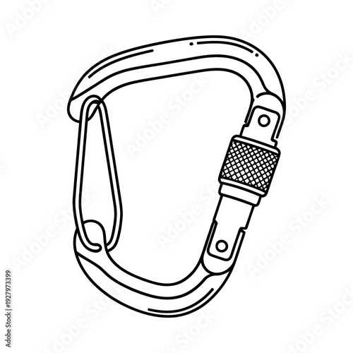 Carabiner clip illustration with textured grip and screw lock mechanism on white background detailed line art