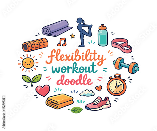 flexibility workout doodle. Hand drawn illustration of flexibility workout doodle. yoga mat, stretching