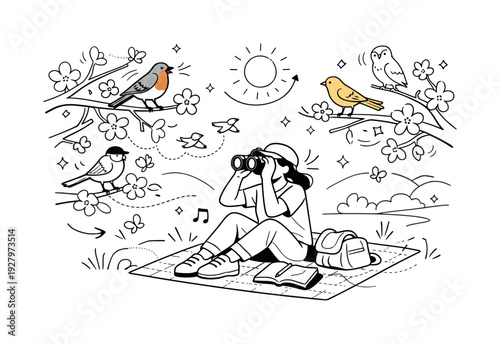 Sunny Park Birdwatching. A relaxed scene with a person seated on a blanket using binoculars, birds perched in
