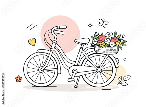 Vintage floral decor concept. A stylish retro bicycle leaning slightly with flowers arranged on the rear rack,