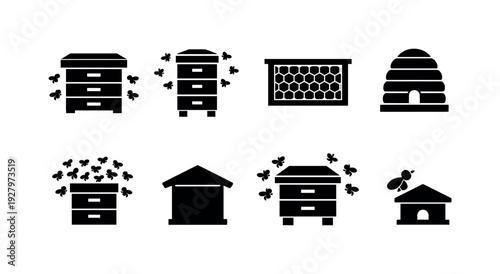 Apiary hive line art set. Filled icon set of Apiary hive line art set: hive box with lid and bees, beehive