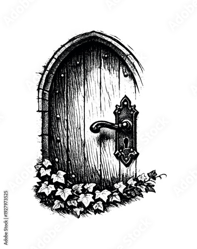Close-up of an arched secret garden door with an antique handle and small creeping leaves crossing the lower