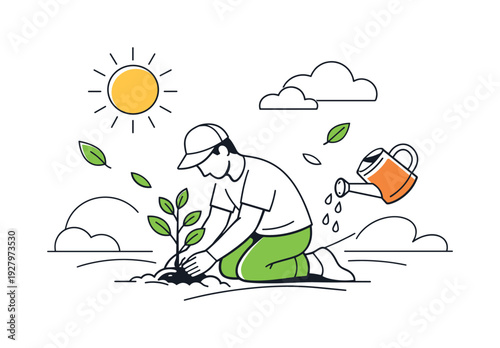 Tree planting activity. A person kneeling and placing a young tree into the ground, a watering can tilted with