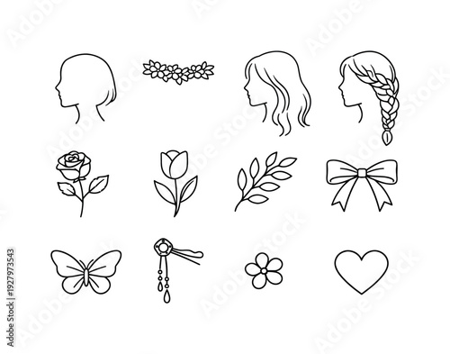 romantic spring hairstyle contour drawing. Line outline icon set of romantic spring hairstyle contour drawing: