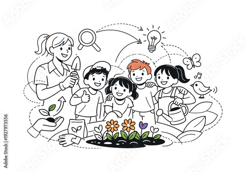 Learning to Grow Together. A cheerful group of kids proudly standing beside freshly planted flowers while the