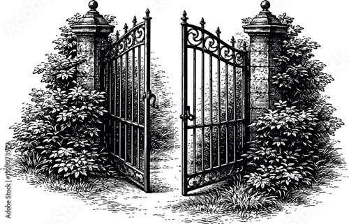 Open Garden Gate. A slightly open spring garden gate viewed at a subtle angle, lower edge lightly cropped by