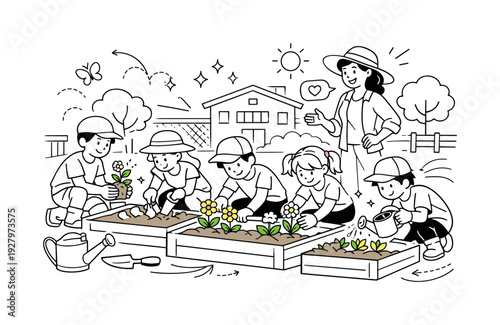 Springtime Garden Class. Outdoor Flower Planting Class. A lively schoolyard garden with raised beds, children