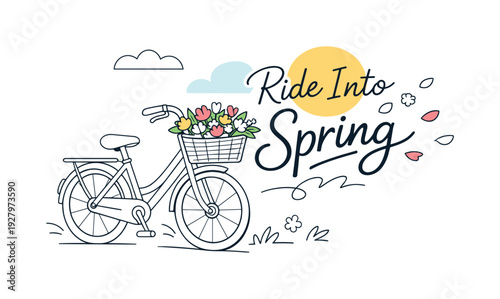 Spring countryside ride. A charming bicycle with a front basket full of blooming flowers, soft petals floating