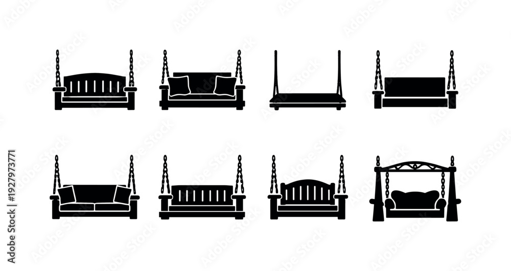 Obraz premium Farmhouse patio swing outline icons. Filled icon set of Farmhouse patio swing outline icons: porch swing with