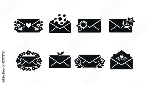 Romantic envelope floral icons. Filled icon set of Romantic envelope floral icons: sealed envelope with heart
