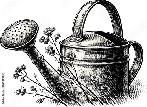 Vintage Watering Can Art. Close-up of a watering can handle and perforated spout head with delicate flower