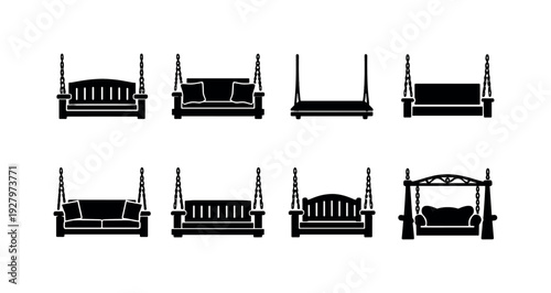 Farmhouse patio swing outline icons. Filled icon set of Farmhouse patio swing outline icons: porch swing with