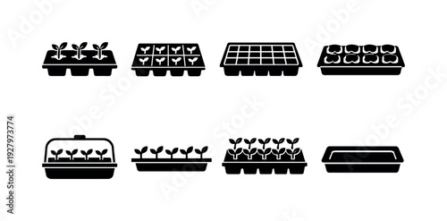 Seed starting contour drawing icons. Filled icon set of Seed starting contour drawing icons: tray with sprout