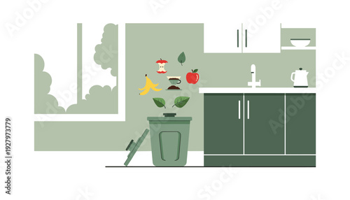 Eco friendly kitchen with recycling bin and organic waste