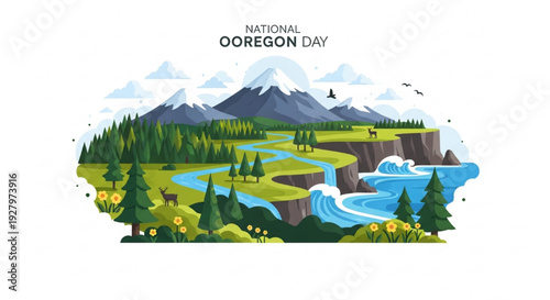 National Oregon Day Scenic Landscapes Forest Mountains Rivers and Wildlife Vector Illustration