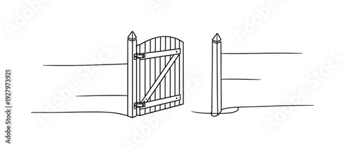 Minimalist Wooden Gate. "Wooden Garden Gate". Minimalistic one-line drawing classic wooden gate swung open on
