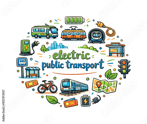 electric public transport. Hand drawn illustration of electric public transport. electric bus, tram, metro