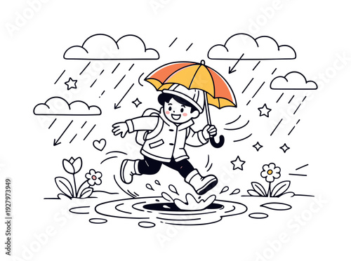 Rainy Day in Bloom. A cozy outdoor scene with a child jumping lightly over a puddle while holding a bright