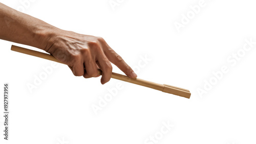 Hand holding wooden brush with white cloth cleaning isolated on a transparent background