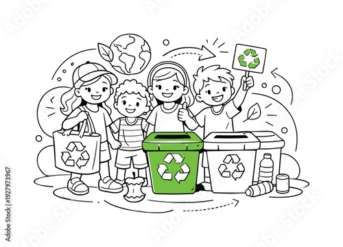 Young Eco Heroes. Children smiling proudly beside recycling bins, one holding a reusable bag while another