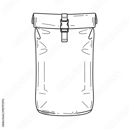 Simple black and white illustration of a satchel bag with buckle closure on a white background outdoor style adventure accessory