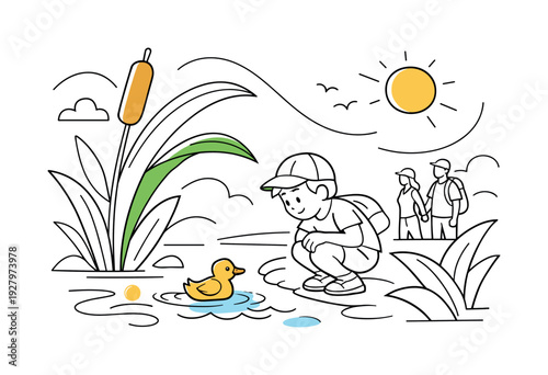 Family nature walk. A child crouching near the shore watching a curious duckling, oversized reeds creating
