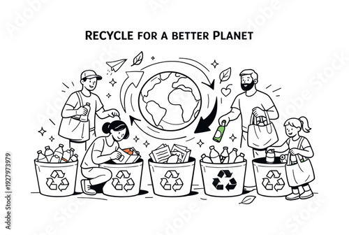 Recycle for a Better Planet. A dynamic scene of volunteers holding reusable bags and placing items into