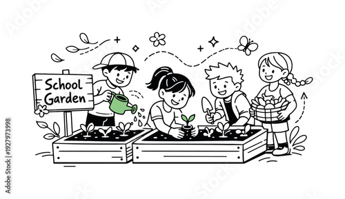 School Garden Project. A cheerful group of students planting vegetables in raised garden beds, one child
