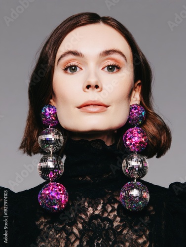Surreal high fashion portrait of a woman wearing black lace dress with giant sparkling disco ball earrings.
